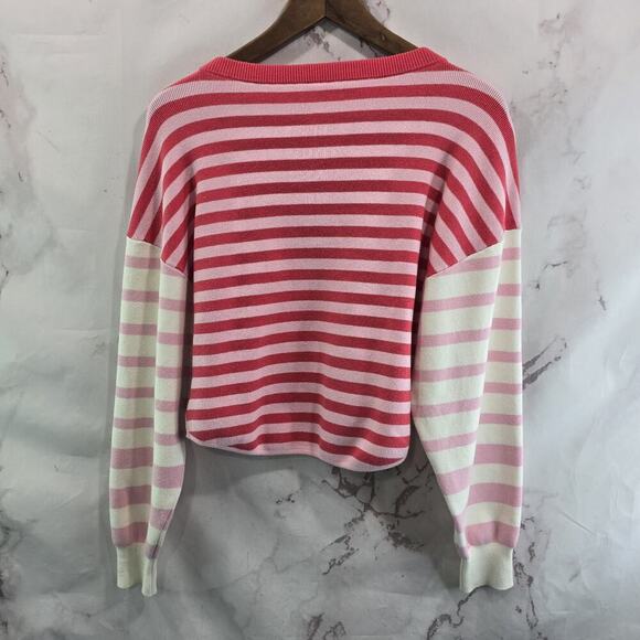 Anthropologie Sweater Women XS Pink White Striped Daily Crop Drop Shoulder - Picture 5 of 10